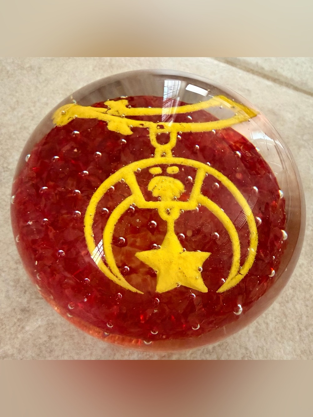 Vintage Shriners Masonic Red Art Glass Paperweight Yellow Insignia